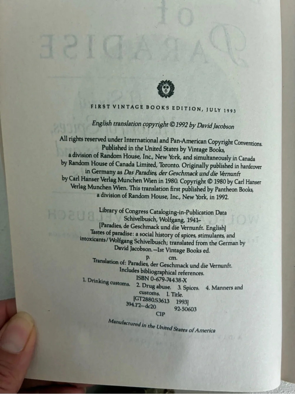 Tastes of Paradise Paperback Book - Wolfgang Schivelbusch